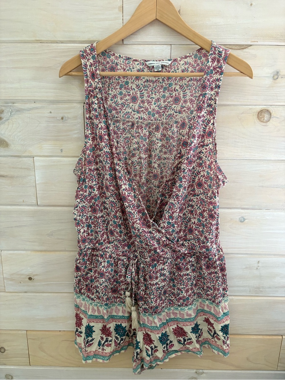 American Eagle Outfitters Cream Romper with Pink & Teal Floral Print & Tie Waist